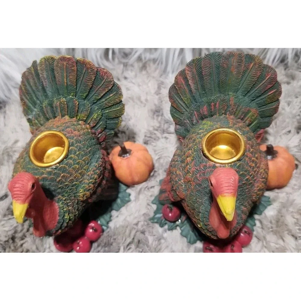 2pc Vintage Turkey Candle Holders Thanksgiving Two‎ Turkey Set Fall